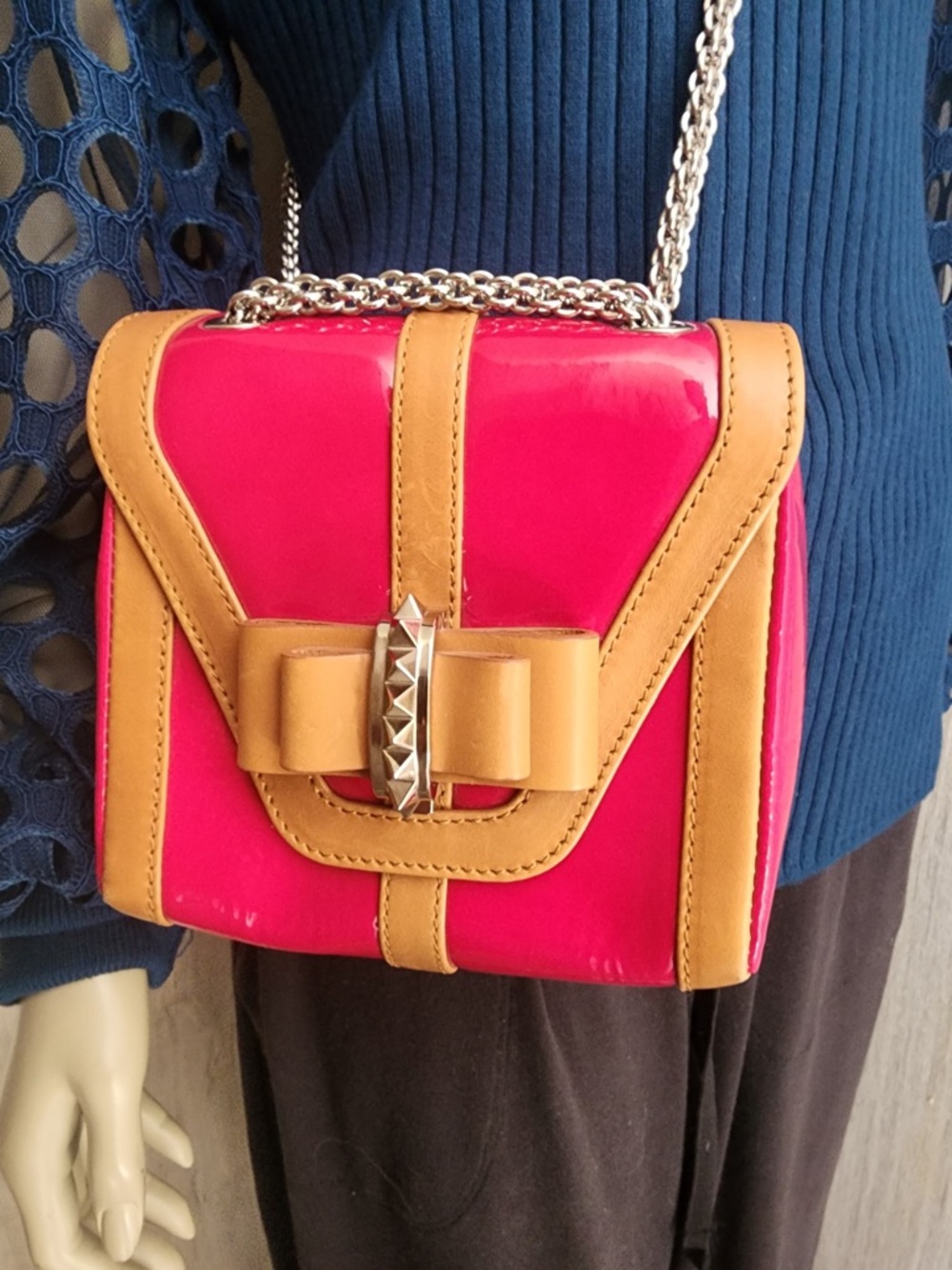 Christian Louboutin Hot Pink and Tan Patent Bow Crossbody